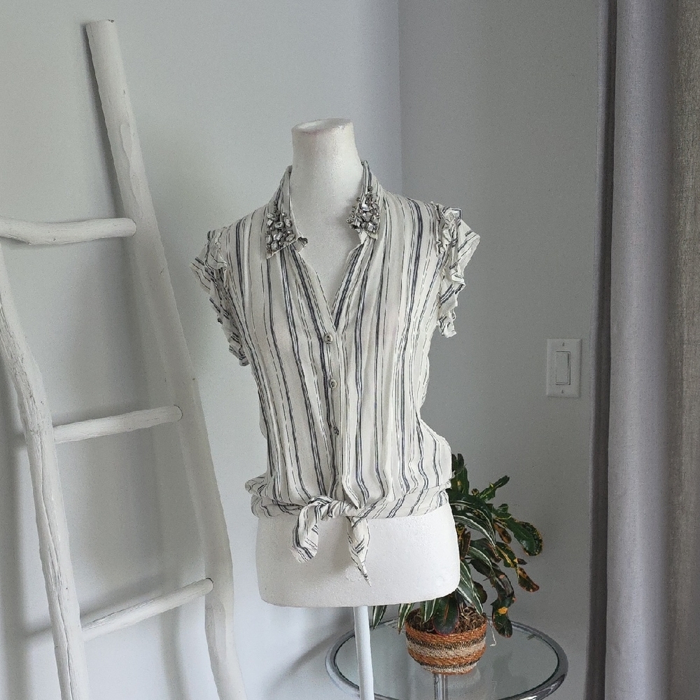 Guess Striped Button-Up Ruffled Sleeves Glass Embelished V-neck Blouse